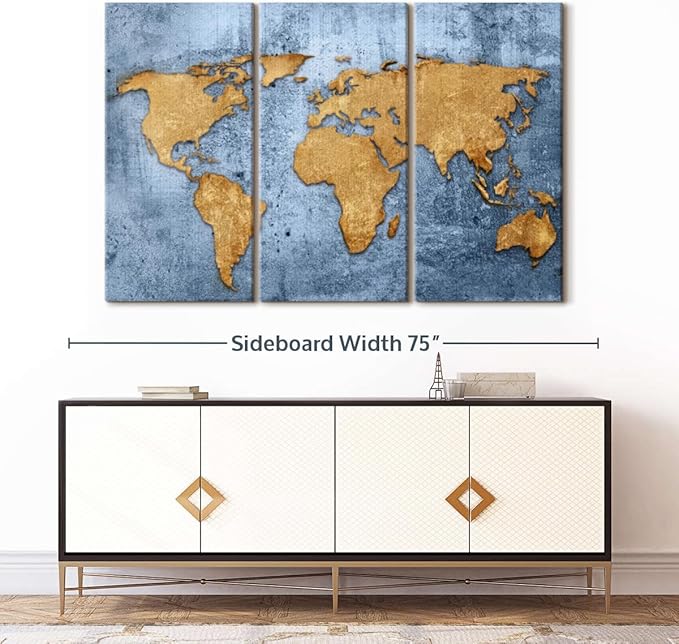 ElephantStock Azure World Map Wall Art Multi Piece Canvas - 3 Panel Wall Decor - Map of the World Art - Canvas for the Office and Home - 65" X 42"