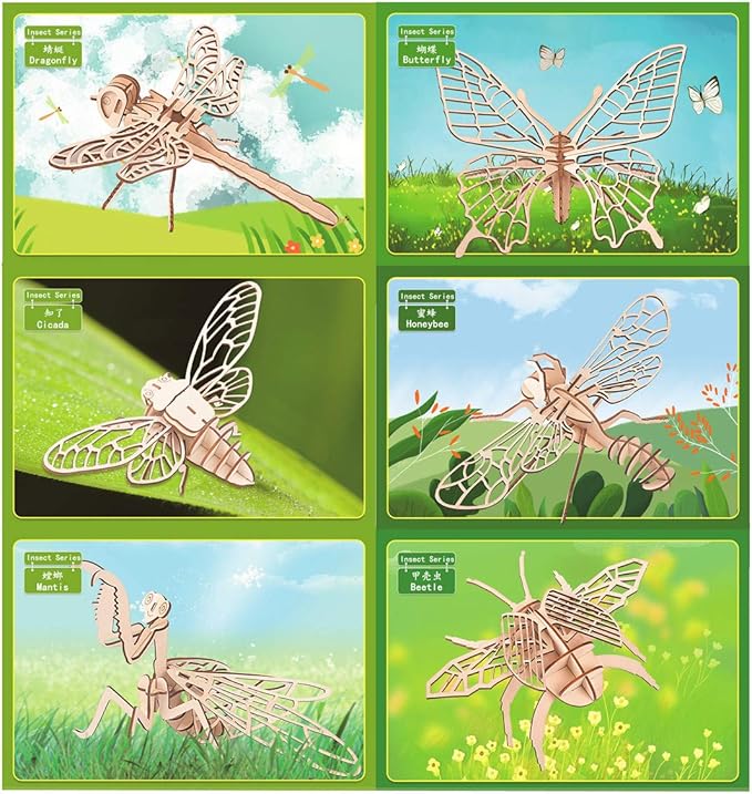 3D Wooden Insect Puzzle - 6 Piece Set Insect Animal Skeleton Assembly Model Puzzle - DIY Wooden Crafts 3D Puzzle - STEM Toys Gifts for Adults & Teens Birthday Gifts Christmas