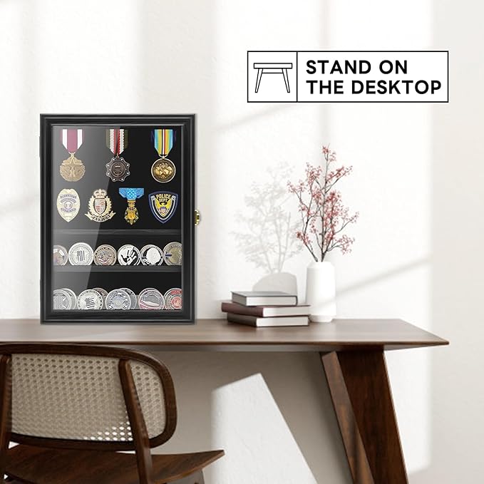 PiaoHao Medals Display Case Wall Frame for Collector, Military Challenge Coins Holder, Pins, Lockable Shadow Box with Removable Shelves, Black