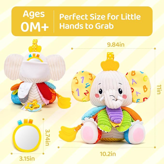Baby Toys 3-6 Months, Musical Stuffed Elephant Toddler Toy for Newborn Infant 3 6 9 12 Months, Tummy Time Toys Montessori Sensory Toys 0-6 6-12 Months, Crinkle Paper, Mirror Soothing Music Shower Gift