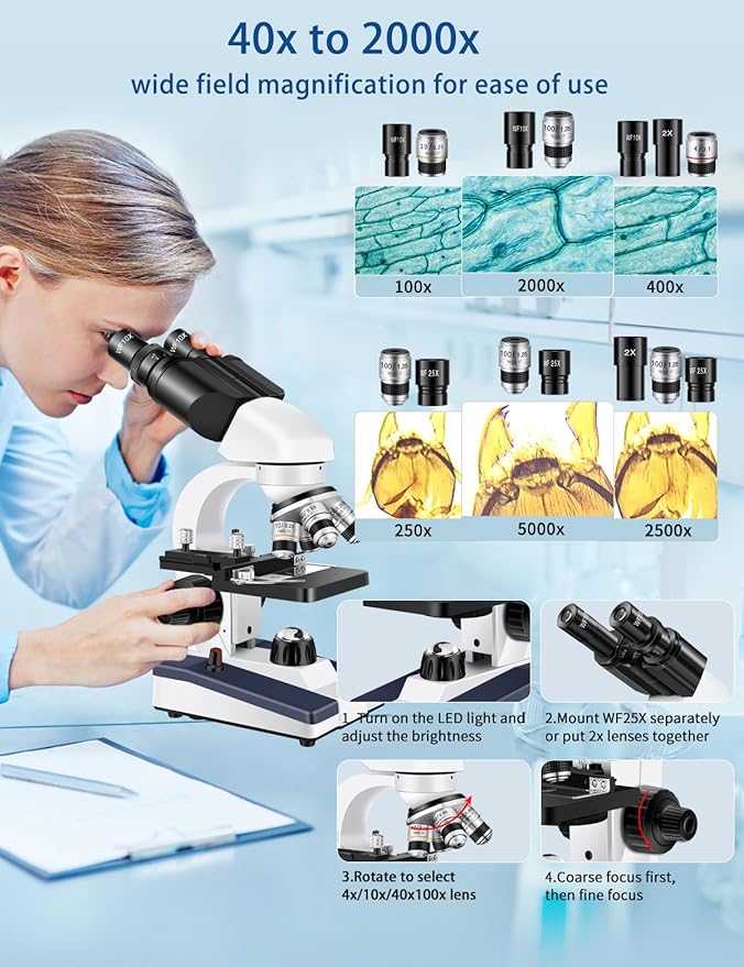 Microscope for Adults WF10x and WF25x Eyepieces, 40X-2500X Magnification, with HD USB Camera, Binocular Microscope for Lab Schools