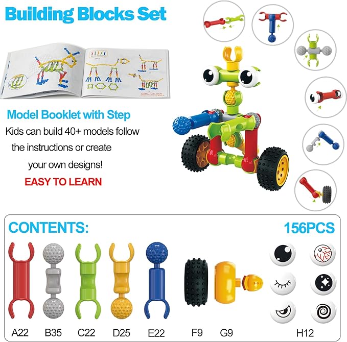 156 PCS Creative Building Blocks Building Toy Set - Featuring Storage, Includes Dinosaur, Robot, Car, Spider, Dog, Animal Figure Building Toy Playset for Kids, Birthday Gift Ages 3+ (N)