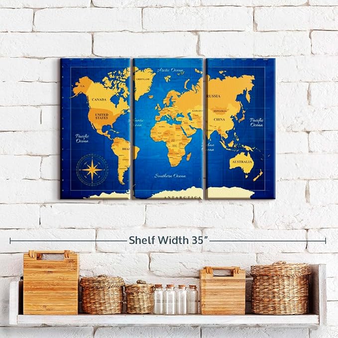 ElephantStock Yellow Longitude World Map Multi Piece Canvas - 3 Panel Wall Decor - Map of the World Art - Canvas for the Office and Home - 23" X 14"