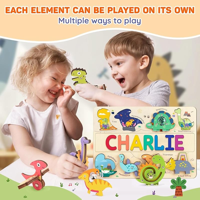 Personalized Wooden Name Puzzle for Toddlers 1-5 - Montessori Wooden Dino Sensory Toy, Custom Educational Learning Toys for, Perfect Birthday Gift for Boys & Girls