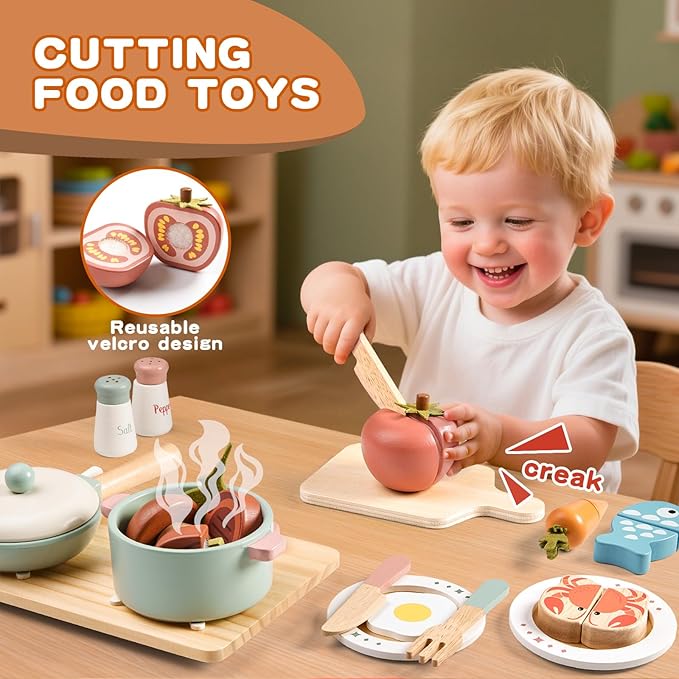Wooden Play Kitchen Accessories Pretend Toy Pots and Pans Sets for Kids Kitchen Playset with Toy Stove Toddler Cooking Sets Food Toys for Toddlers 3-5 Gifts for Girls Boys (Wooden Cooking Set)