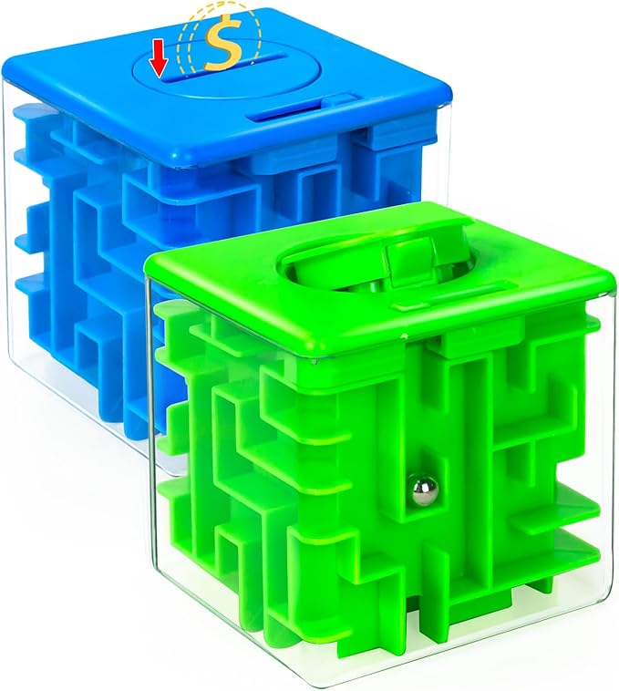 2 Pack Money Puzzle Gift Box, 3D Maze Puzzle Boxs Games Toy Gravity Memory Cube Ball Puzzle Educational Toys Gifts for Kids Boys Girls Students Teens Adults,Green and Blue