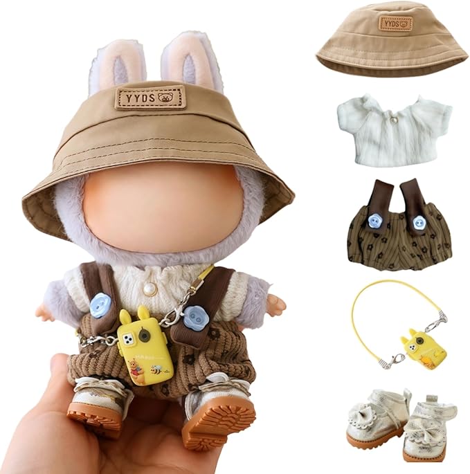 Clothes for Dolls Accessories (No Doll), Cute Outfit Set 5 Pieces Bib Pants for 15 & 17cm Doll Suit, Stylish Dress Up Overalls Doll Clothing Set Replacement with Hat Clothes Shoes Brown