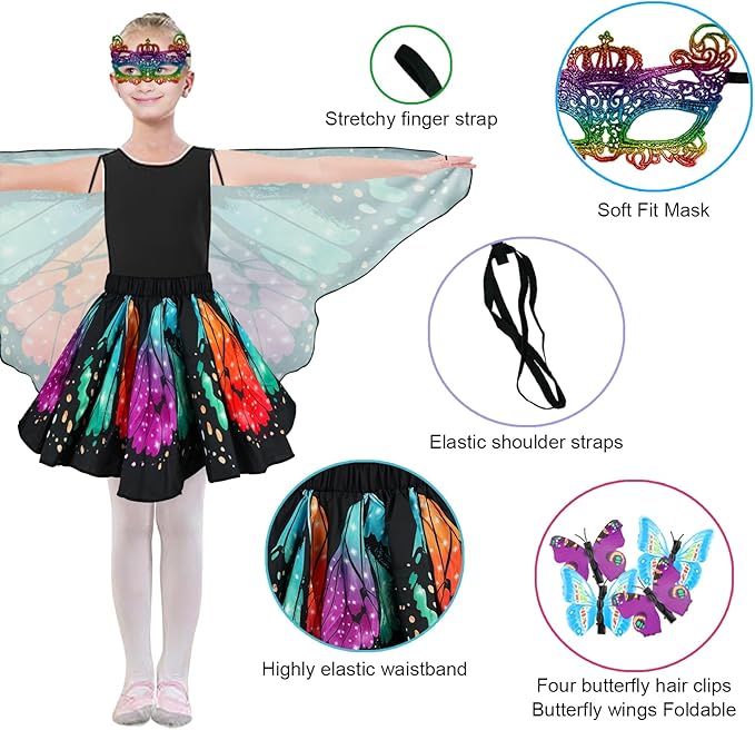 Butterfly Costume for Girls Fairy Wings Kids 4 Pcs(Cape,Skirts,Masks,Hair Clips) Butterfly Wings for Halloween Gifts
