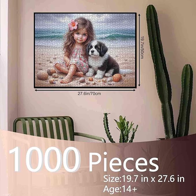 Tucocoo 1000 Piece Jigsaw Puzzle for Adults, Girl and Puppy on Seashell Beach – Ocean Artwork Puzzles, Floral Dress Coastal Art, Cute Dog Puzzle Gift for Women and Adults, Family Games Challenging