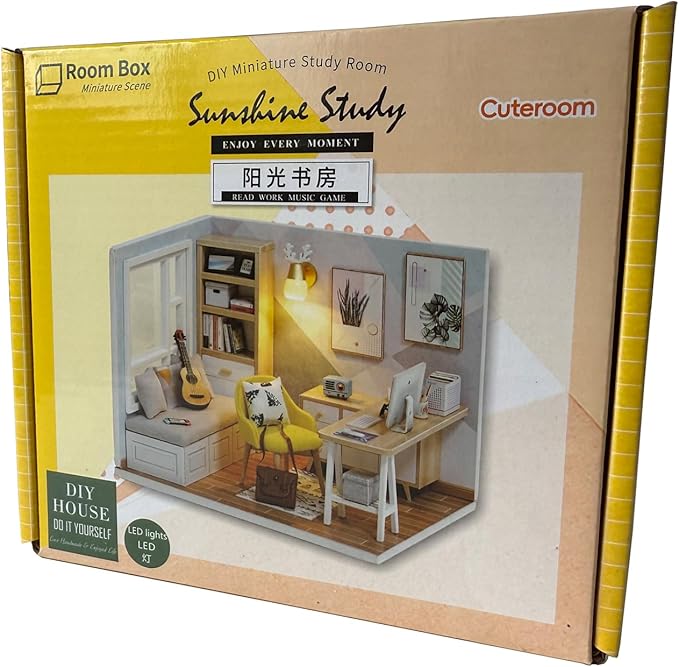 CUTEROOM DIY Doll Room Miniature Furniture Wooden House Kit - Wooden Dolls House Kit with Dust Cover & LED Light and Accessories - QT Series Dollhouse