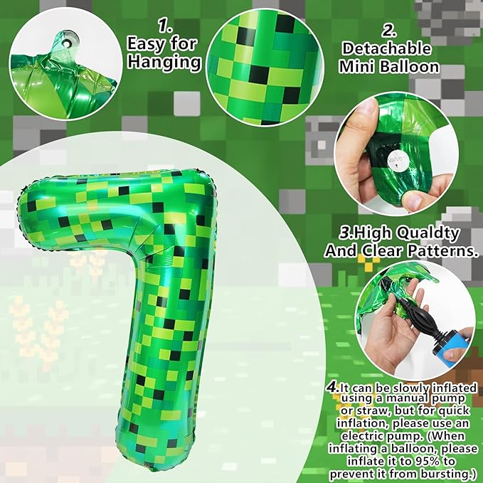 40in TNT Pixel Number 7 Balloon Birthday Decorations, Miner Theme Green Foil Balloons Blast Gaming Party Supplies