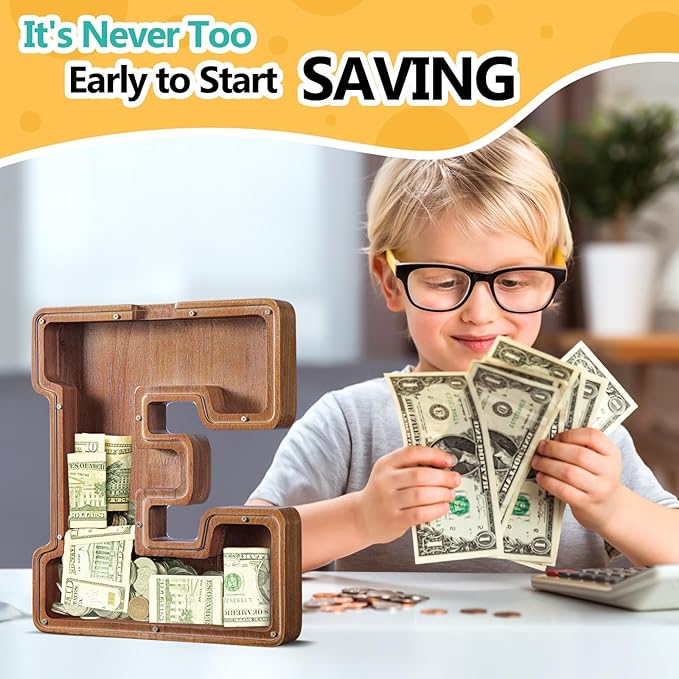 Summidate Customized Name Extra Large Wooden Piggy Bank for Kids Boys Girls Alphabets Letter A-Z Coins Bills Money Change Bank Initial on Clear Cover (Laser Engraved) Educational Toys 12"- Letter E