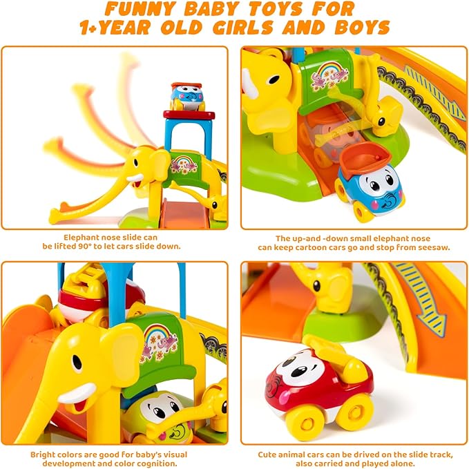 Marstone Toddler Toys for 1 2 Year Old Boys and Girls Gifts: Educational Elephant Slide with 4 Animal Car Toys for Baby 12-18 Months, First for Kids, Learning Push Truck Tracks Age 1-2