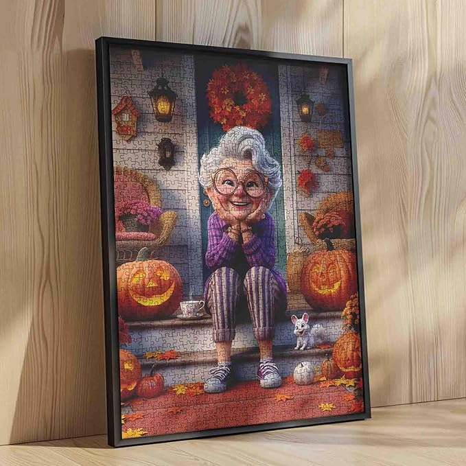 Cheerful Grandma on Porch with Autumn Pumpkins 1000 Piece Jigsaw Puzzle for Adults Students 20×27 Inches Fall Jigsaw with Smiling Elderly Woman Halloween Decor Colorful Leaves Gift for Puzzle Lovers
