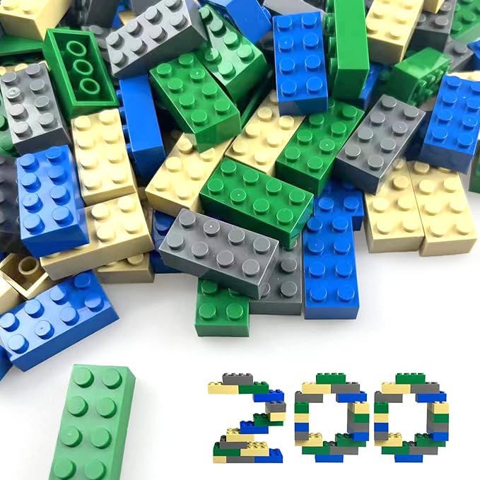 200 Piece Classic Building Bricks, 2x4 Building Blocks STEM Creative Building Toys, Blue, Gray, Green, Sand(Samll Bricks, 1.25x0.62x0.47 in)