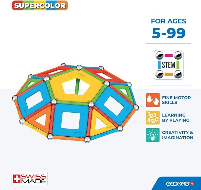 Geomag Supercolor Magnetic Toys for Kids Ages 5+, 78pc Educational STEM Magnets for Kids - Swiss-Made Magnetic Blocks, Tiles and Building Toys from 100% Recycled Plastic