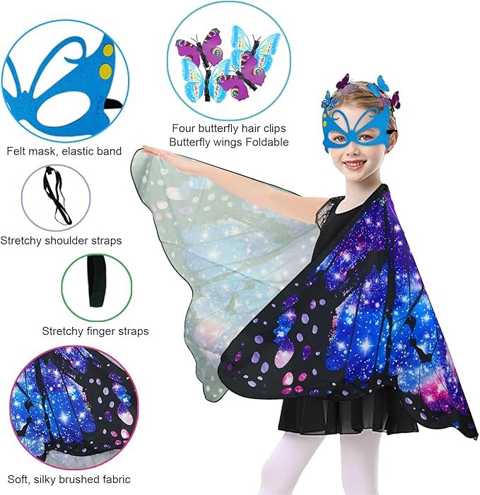 Butterfly Costume for Girls Fairy Wings Kids 4 Pcs(Cape,Skirts,Masks,Hair Clips) Butterfly Wings for Halloween Gifts