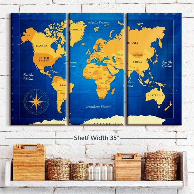 ElephantStock Yellow Longitude World Map Multi Piece Canvas - 3 Panel Wall Decor - Map of the World Art - Canvas for the Office and Home - 33" X 20"