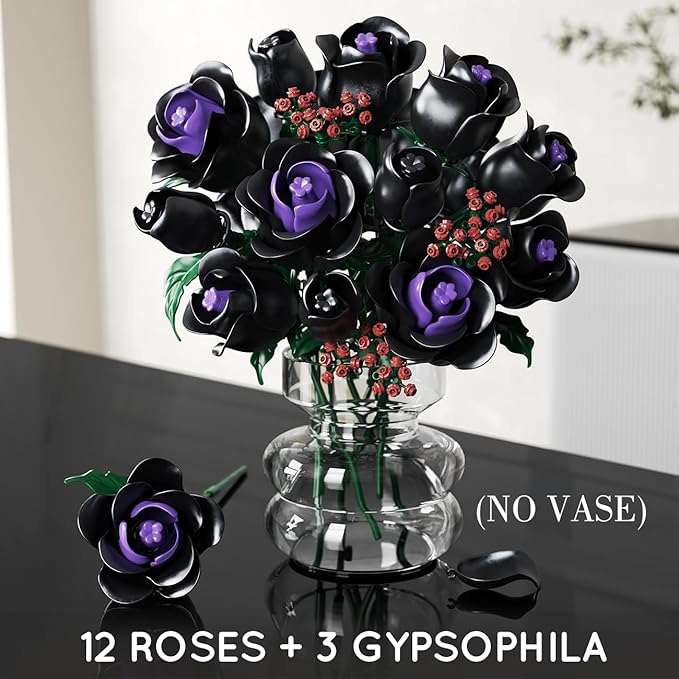 HOGOKIDS Flowers Bouquet Building Set - 15 Halloween Black Roses Botanical Collection Building Blocks Artificial Flower 330PCS Gothic Home Decor Christmas Birthday Gift for Adults Kids Girls Age 8+
