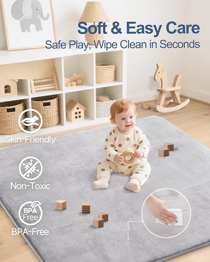 Thick Baby Play Mat for Floor,Padded Foam 59x39 Nursery Rug,Ultra Soft Support&Plush Feel Tummy Time Mat,Non Slip for Toddler,Infants,Kids Play,Yoga,Baby Crawling (Light Grey)