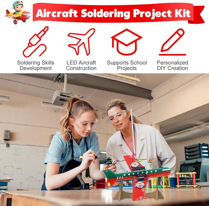 Icstation Learning Soldering DIY Airplane Kit for Beginners, 3 Color LED Flashing Lights Airplane Soldering Project Kit for High School Student Back to School Soldering Practice STEM Education