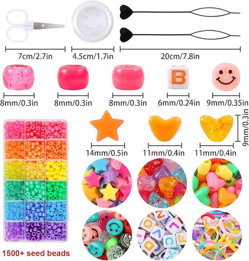1500+pcs 8mm Hair Beads for Hair Braids Kit Rainbow Pony Bead for Jewelry Making DIY Crafts Mixed Colors Glitter Transparent Mix Plastic Pony Bead with Beader and Rubber Band for Gift