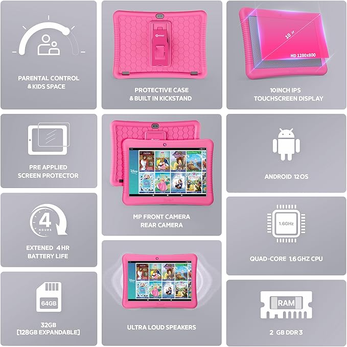 Contixo 10" Android Kids Tablet Bundle - 32GB, 80+ Disney Storybooks ($350 Value), Parental Controls, Kid-Proof Case w/Kickstand & Stylus, Headphones & Sleeve Bag - Pink