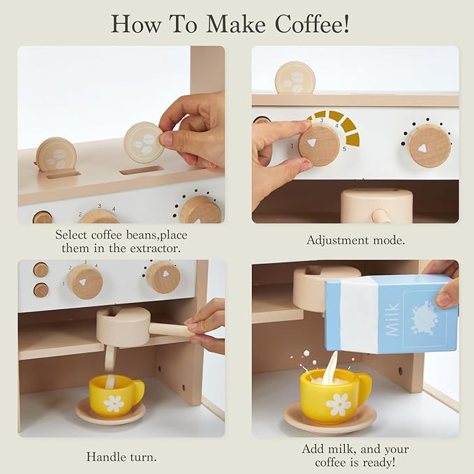 Frogprin 24 Pcs Pretend Play Coffee Shop, Kids Grocery Store Set, Wooden Drive-Thru Window, Coffee Maker, Oven, Cash Register, Bakery Toys Food Accessories Gift for Boys Girls 3+ Years Old