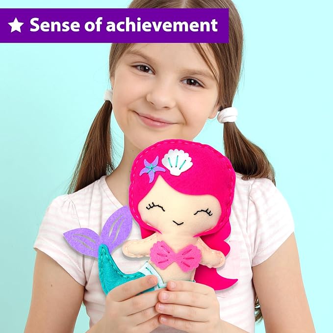 KRAFUN Mermaid Sea Animals Beginner Sewing Kit for Kids Art & Craft kit, Includes 5 Soft Plush Dolls, Instructions & Felt Materials for Learn to Sew, Embroidery Skills, Gift for Girls Educational
