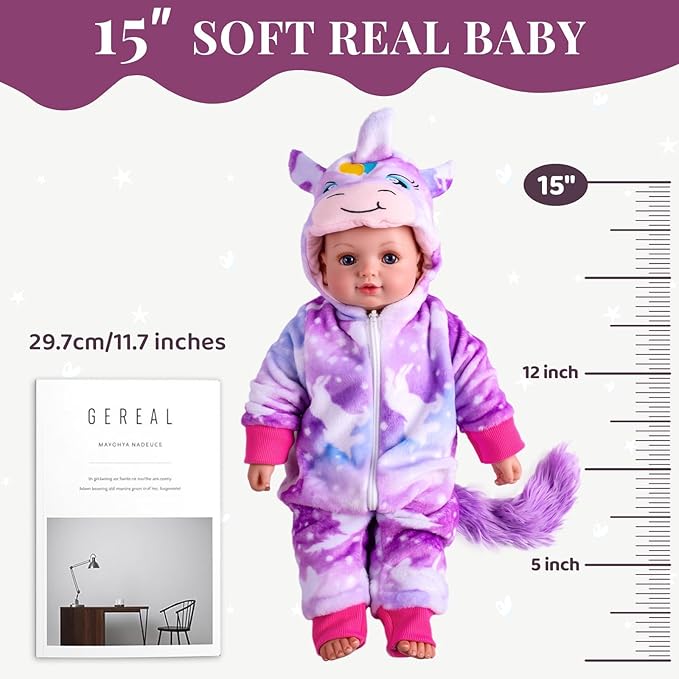 BABESIDE Baby Doll Girl - 15-Inch Realistic Baby Doll with Blue Eyes, Soft Body in Unicorn Outfit Life Like Baby Dolls That Look Real for 3 4 5 6 7 8 9 Years Girl, Birthday Gift and Pretend Play