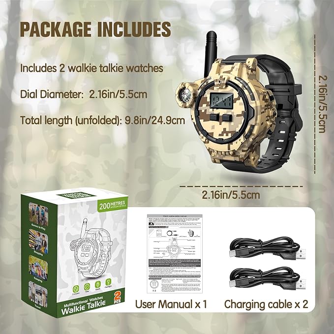 Walkie Talkies for Kids Rechargeable 2 Pack, Long Range Camo Walkie Talkie for Boys Age 8-12, Wrist Walkie Talkie Spy Watches for Kid, Kids Walkie Talkies 2 Pack for Christmas Birthday Gift