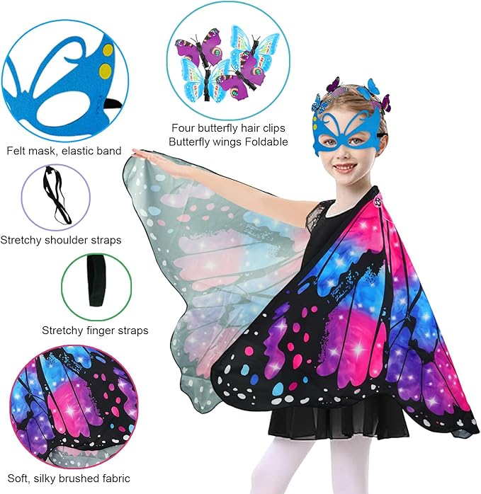 Butterfly Costume for Girls Fairy Wings Kids 4 Pcs(Cape,Skirts,Masks,Hair Clips) Butterfly Wings for Halloween Gifts