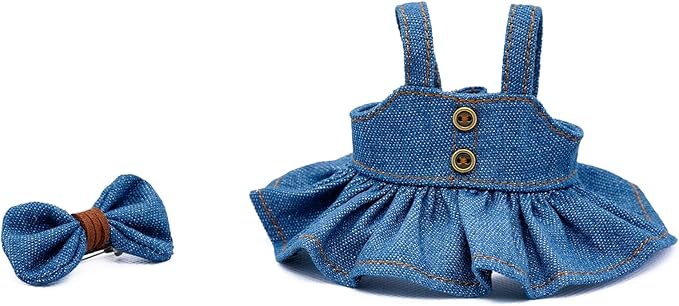 Clothes for 17cm Dolls Cute Style Outfit 2 Piece Set Including a Denim Bow and Denim Dress - Premium Handmade Dolls Skirt Accessories - No Doll (Blue)