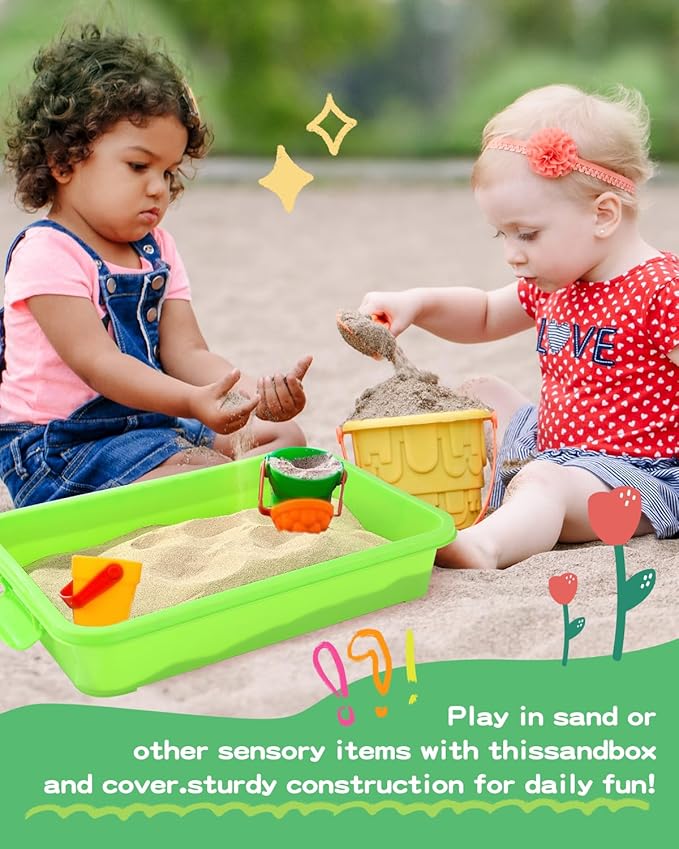 Sensory Bin Sand Tray with Lid for Toddlers 2 Pcs 15in Portable Sandbox Toy Large Plastic Tray for Kids 3 4 5 6 Fill with Sand, Water, Beads, and More (2 Green)