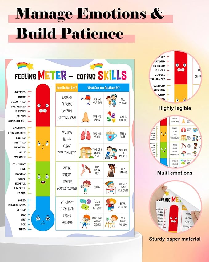 FLYAB Feelings Chart for Kids - Feeling Meter and Coping Skills Mental Health Posters Emotions Educational Poster for Toddlers 1-3 Kindergarten Preschool Classroom Calming Corner Decor