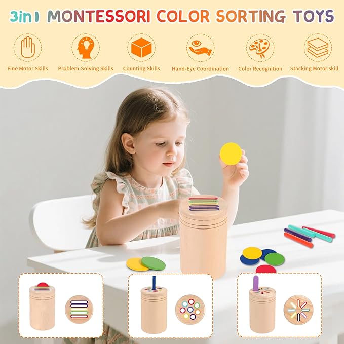 JOMBY Montessori Toys for Kids: 3 in 1 Sensory Learning Color Sorting Toys Wooden for 3 Year Old, Fine Motor Developmental Children Matching Games, Preschooler Learning Activities Boys Girls Gifts