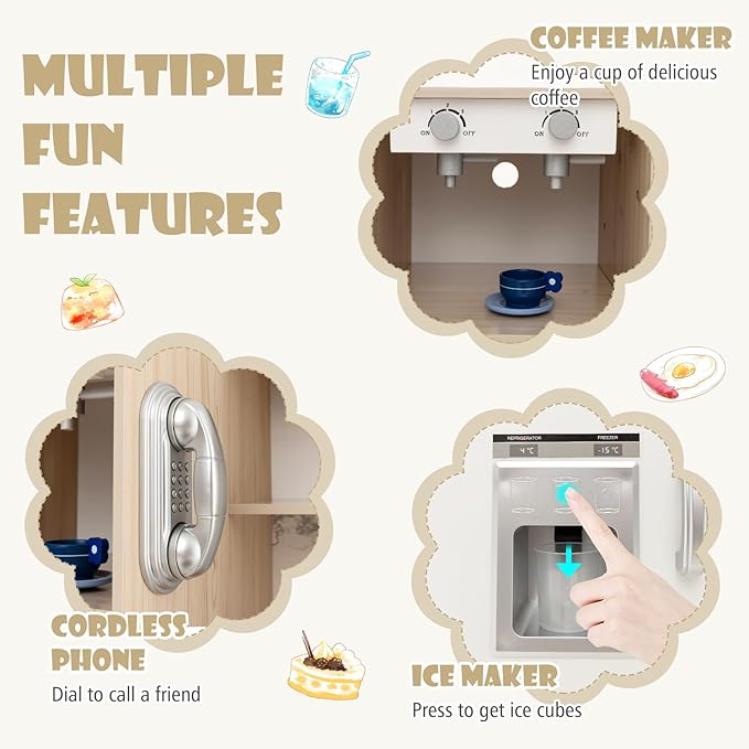 HONEY JOY Kids Kitchen Playset with Lights, Wooden Little Chef Toy Kitchen Set w/2 Storage Bins, Coffee Maker & Microwave & Ice Maker & Oven, Play Kitchen for Toddlers, Gift for Boys Girls (Natural)
