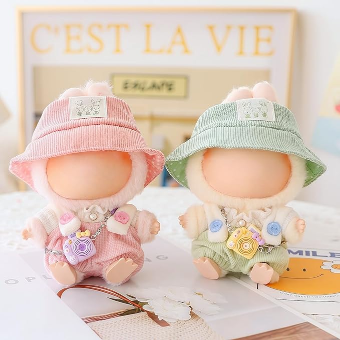 Clothes for Dolls Accessories (No Doll), Cute Outfit Set 5 Pieces Bib Pants for 15 & 17cm Doll Suit, Stylish Dress Up Overalls Doll Clothing Set Replacement with Hat Clothes Shoes Green