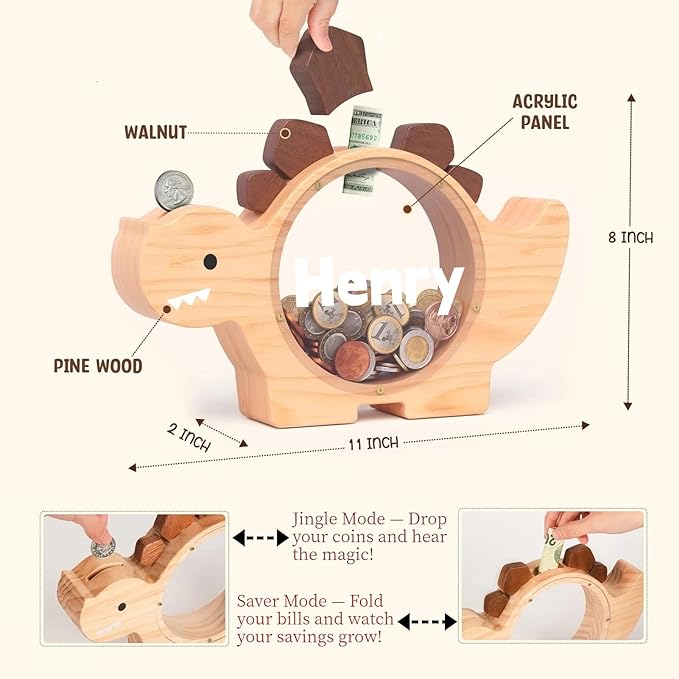 Personalized Wooden Piggy Bank for Kids, Custom Name Cute Wood Bank Large for Boys Initial Coin Bank Personalized Dinosaur Piggy Bank Wood Money Save Box for Birthday Christmas and Festival