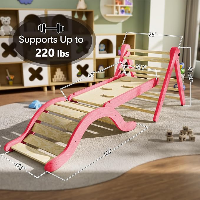 Pikler Triangle Set Climber 5 in 1, Toddler Climbing Toys Indoor Folding with Ramp & Arch & Mat for Montessori Play Gym for Toddlers and Kids (Pink)(105" Wx25 Dx31.5 H)