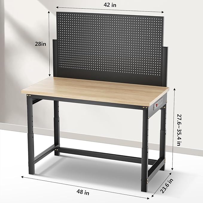 Workbench with Pegboard, Adjustable Height Work Bench Heavy Duty Work Station Table with Power Outlets Work Benches for Garage, Workshop, Home, Office(47.2 inch Wide)
