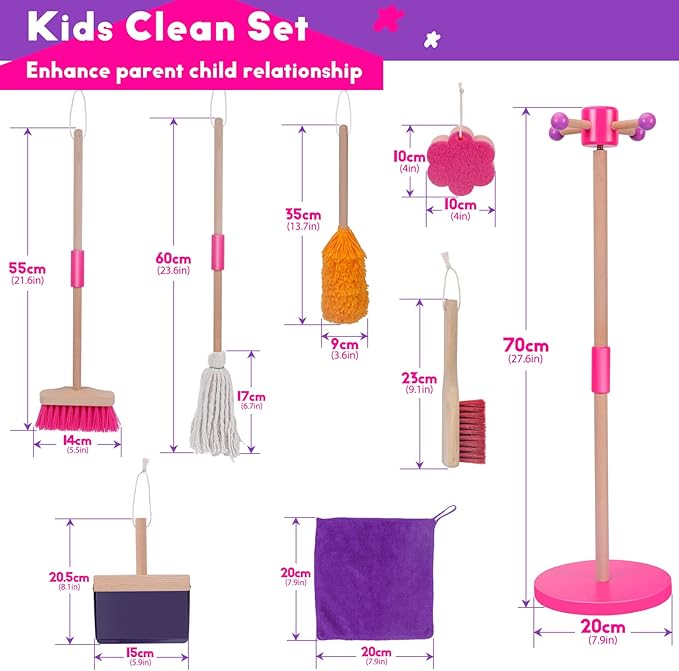 MASTERTOP Kids Cleaning Set 8 Piece, Detachable Toys for Toddlers, Broom Dustpan Mop Brush Duster Rag Sponge and Hanging Stand, Pretend Play Household Tools Gifts for Age 3-8