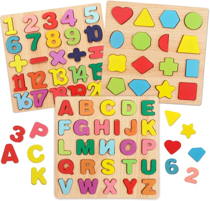 Puzzles for Toddlers,3 Pack Wooden Alphabet Number Shape ABC Name Toys for Kids 1-3 Years Old, Montessori Preschool Educational Gift Learning Letter Puzzles Toys Ages 1 2 3 4 5