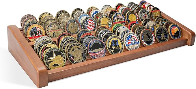 Challenge Coin Display Holder, 8 Rows Solid Wood Military Coin Stand Holds 60-70 Coins, Army Coin Display Rack for Desk (Walnut Finish)