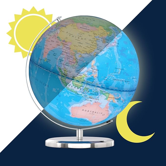 LED Illuminated World Globe with Chrome Rotating Stand – 3-in-1 Educational Tool for Kids & Adults, Interactive Learning Globe with Constellation Map, Lighted Display, 9.5 Inch