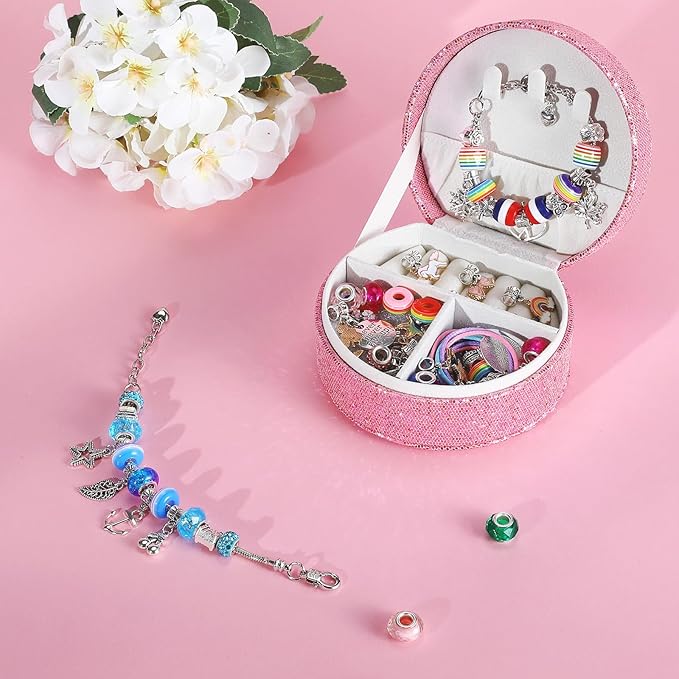Emibele Girls Charm Beads Bracelet Making Kit with Portable Jewelry Box, Jewelry Making Kit for Kids Age 5 6 7 8-12, DIY Arts Crafts Toys for Teens Girls Gift Choices on Birthday Valentines Christmas