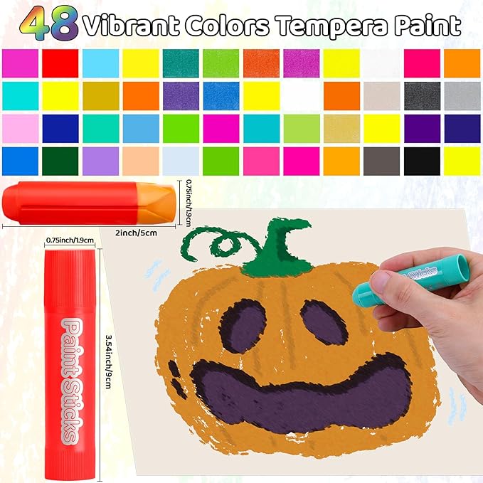 Solid Tempera Paint Sticks 48 Colors, Washable Paint Sticks Bulk, Quick Drying, Non-Toxic, Rainbow Colors Tempera Stick for Kids Toddler, No Mess Art Supplies for Paper Wood Glass Ceramic Canvas