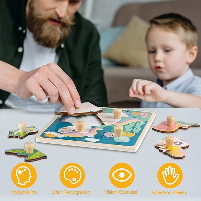Eco Friendly Animal Puzzles, 4 Pcs Jigsaw with Handles, Infant Kid Montessori Puzzles for 1-3 Years Old