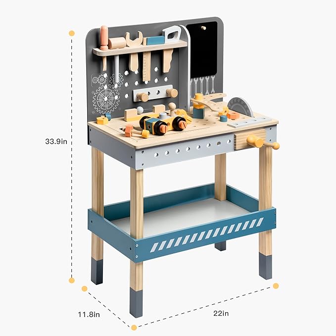 ROBOTIME Kids Tool Bench, Wooden Toy Tool Bench with Realistic Tools and Electric Drill, Kids Workbench for Kids Pretend Play Learning, Toddler Tool Bench Gift for Boys & Girls Age 3-5 (Blue)