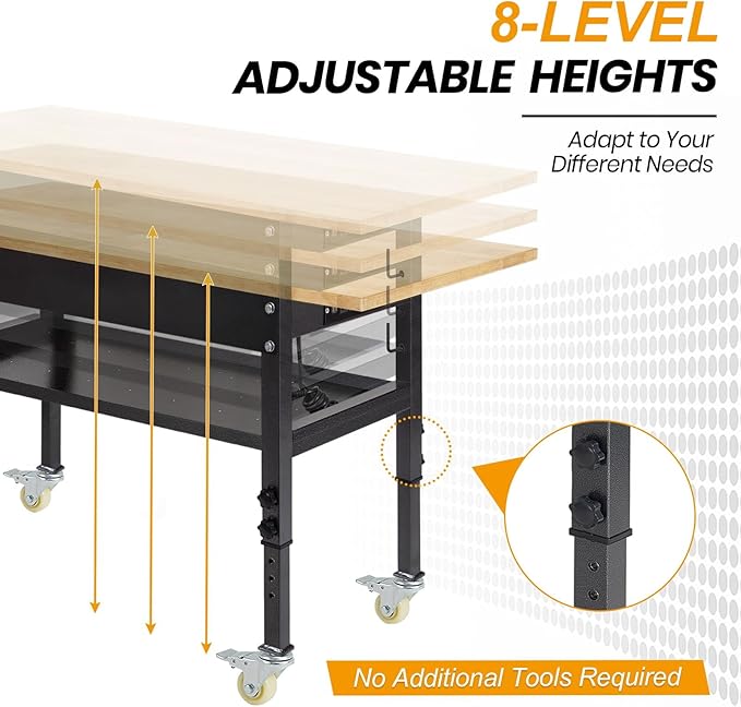 48"/60'' Adjustable Workbench, Rubber Wood Top Work Bench Heavy-Duty Work Table with Power Outlet, Wheels, Partition 2000 LBS Load Capacity Hardwood Work Benches for Garage, Workshop, Home, Office